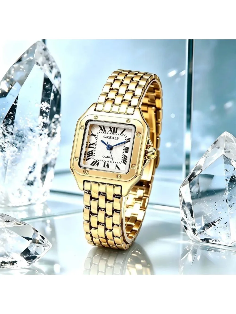 Women's Gold 2 Bracelets Set Roman Dial Bangle Stainless Steel Ladies Wristwatch